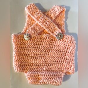 Peachy soft hand crochet 
Boho baby romper with floral wooden buttons newborn